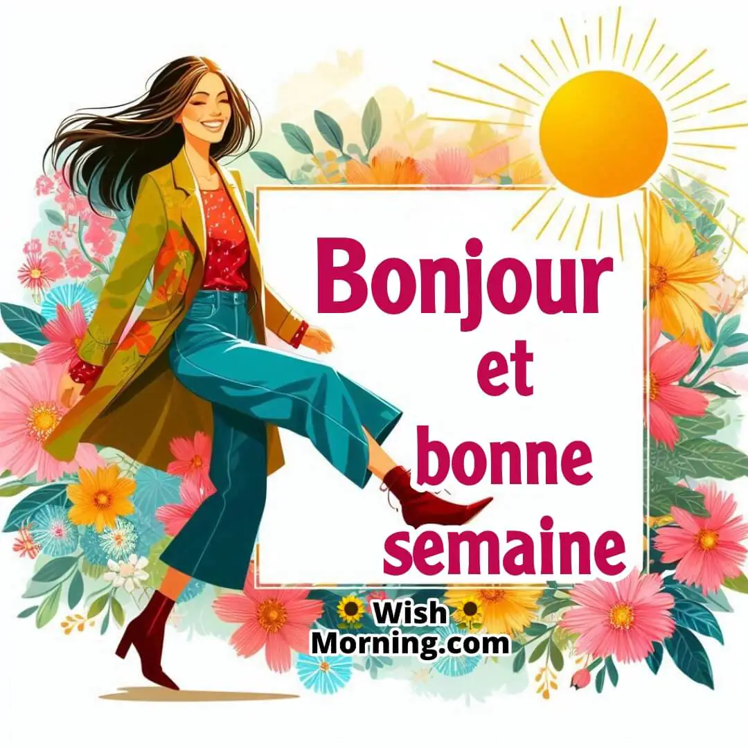 Bonjour Et Bonne Semaine text with A fashionable working lady background