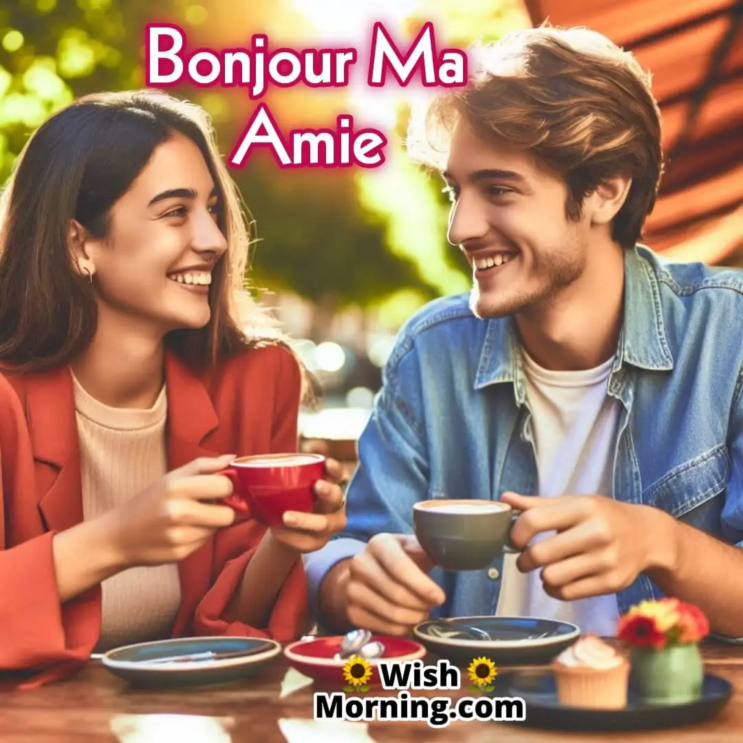 Bonjour Ma Amie text with two friends coffee background