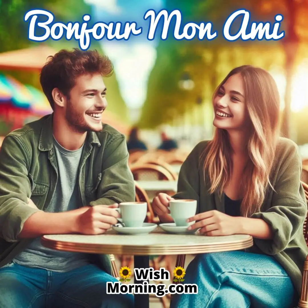Bonjour Mon Ami text with two friends coffee background
