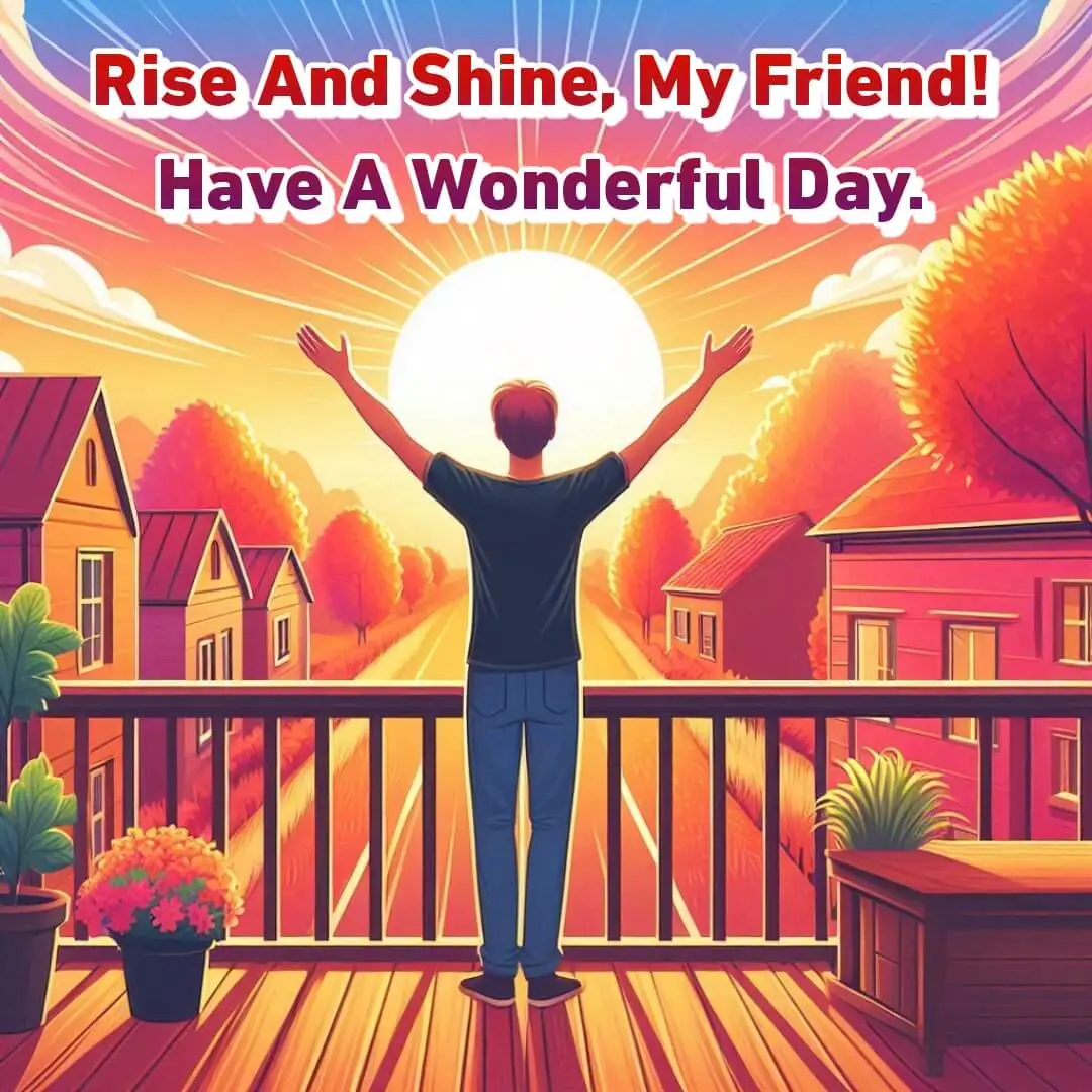 A friend standing on a balcony, greeting the morning sun with open arms, surrounded by a vibrant sunrise.