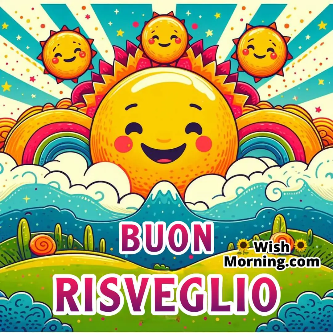 Buon Risveglio text on sun peeping out from clouds picture