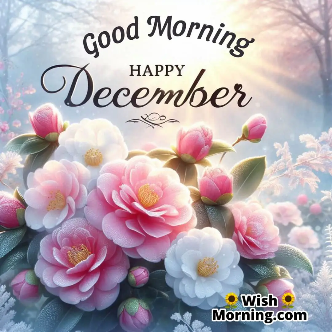 Pink and white camellias blossoming in a frosty garden with sunlight streaming through, accompanied by the text Good Morning Happy December.