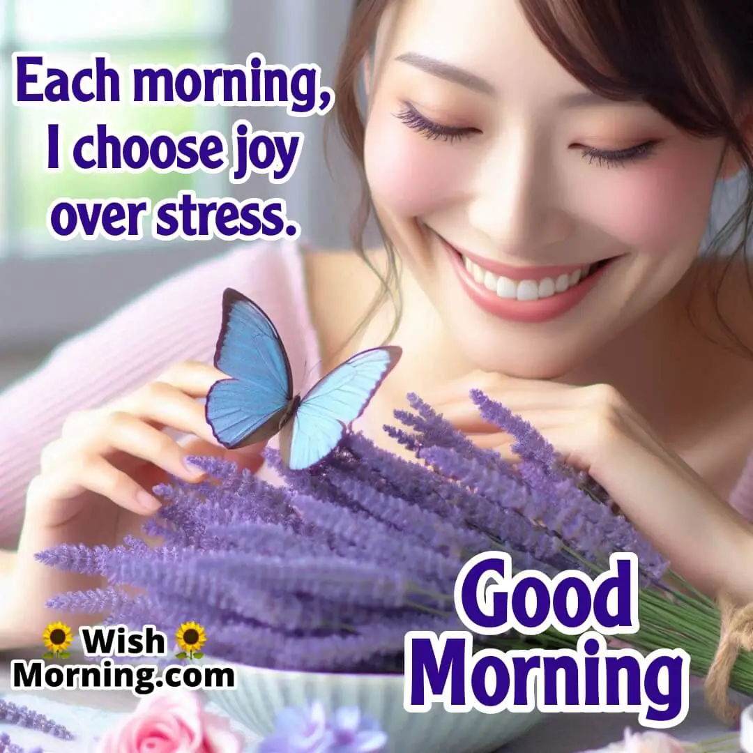 Smiling person admiring lavender flowers with a delicate butterfly resting nearby, in a calm setting with a softly blurred background.