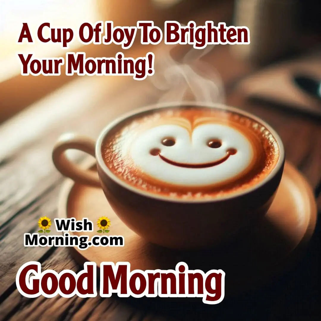 Steaming cup of coffee on a wooden table, with foam crafted into a smiling face; soft morning light shines through the window, creating a cozy atmosphere.