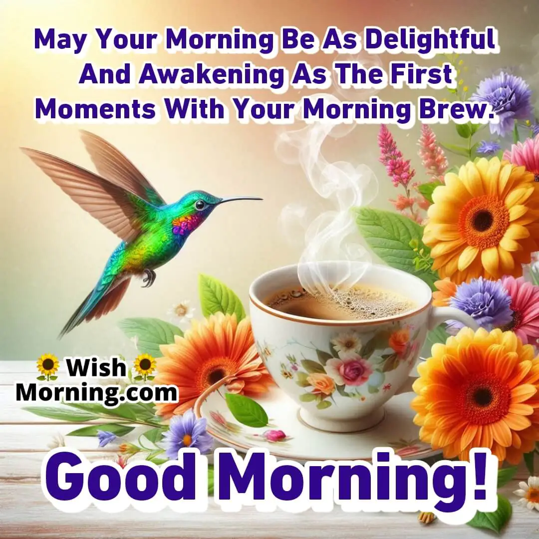 Steaming coffee cup surrounded by flowers and a hummingbird in motion, with a softly blurred background for text placement.