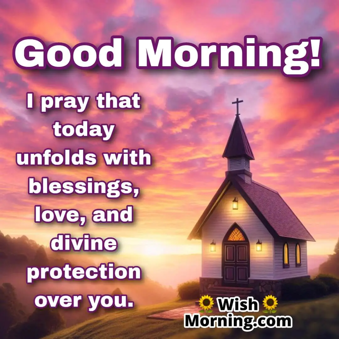 Small chapel or cozy home nestled in nature, vibrant sky with pink and yellow morning tones, and space for text above.