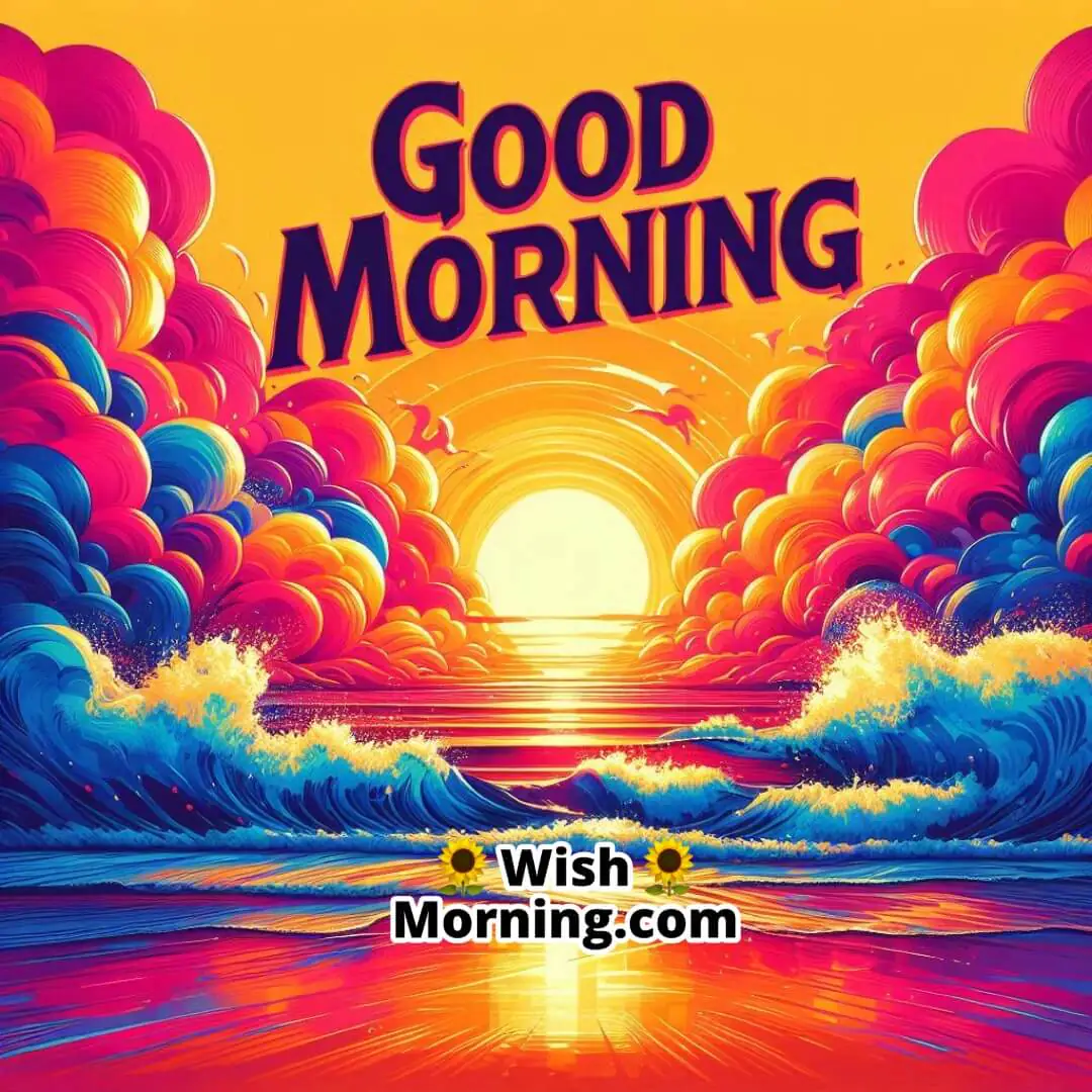 Sunny beach scene with sparkling waves; lively blue Good Morning text over the water.