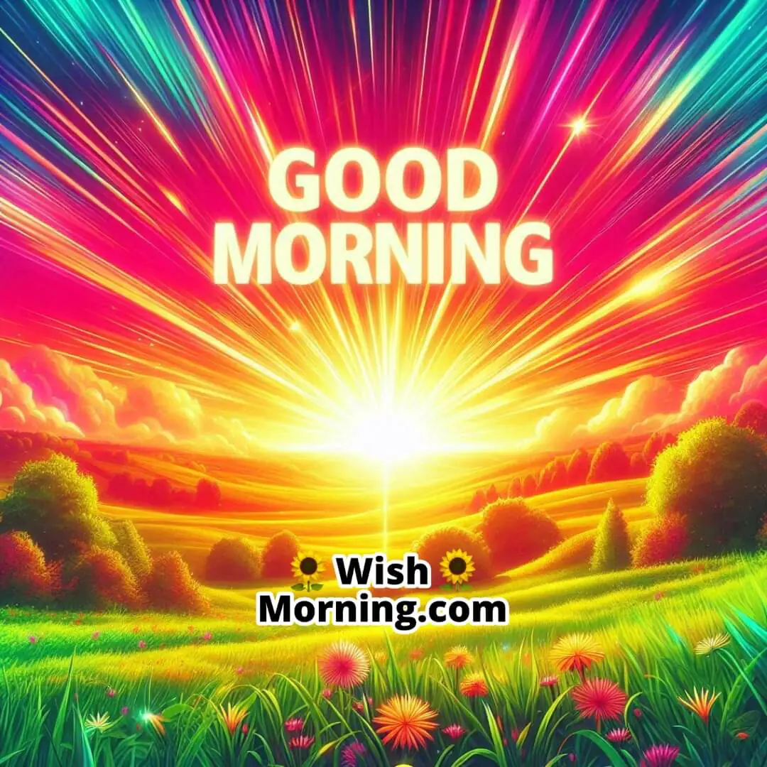 Sunrise over a green meadow with golden rays; glowing Good Morning text in the bright sky.