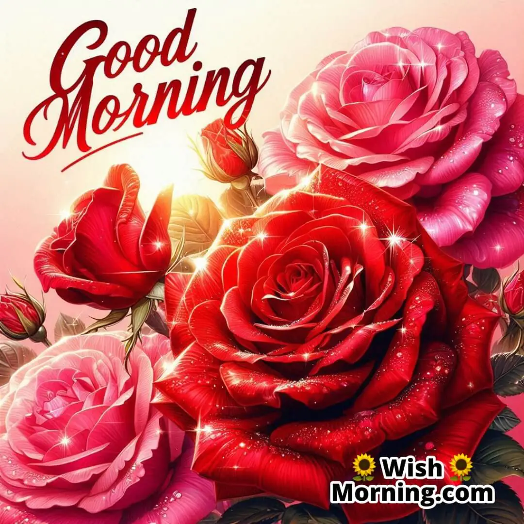 Bright roses in bloom under morning sun; stylish red Good Morning text complements the flowers.
