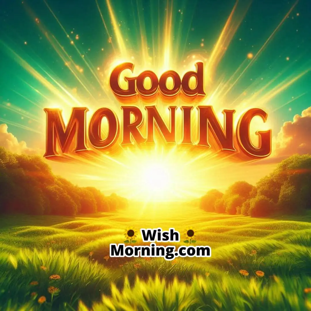 Sunrise over a green meadow with golden rays; glowing Good Morning text in the bright sky.