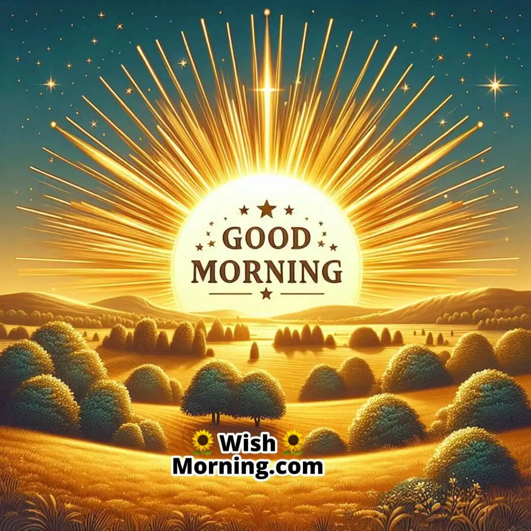 Cheerful countryside morning with bright sun; bold yellow Good Morning text near the sun.