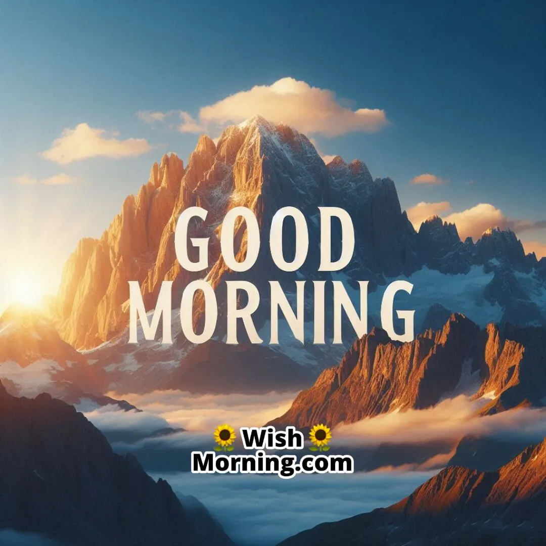Sunlit mountain peaks under a blue sky; bold white Good Morning text captures sunrise grandeur.