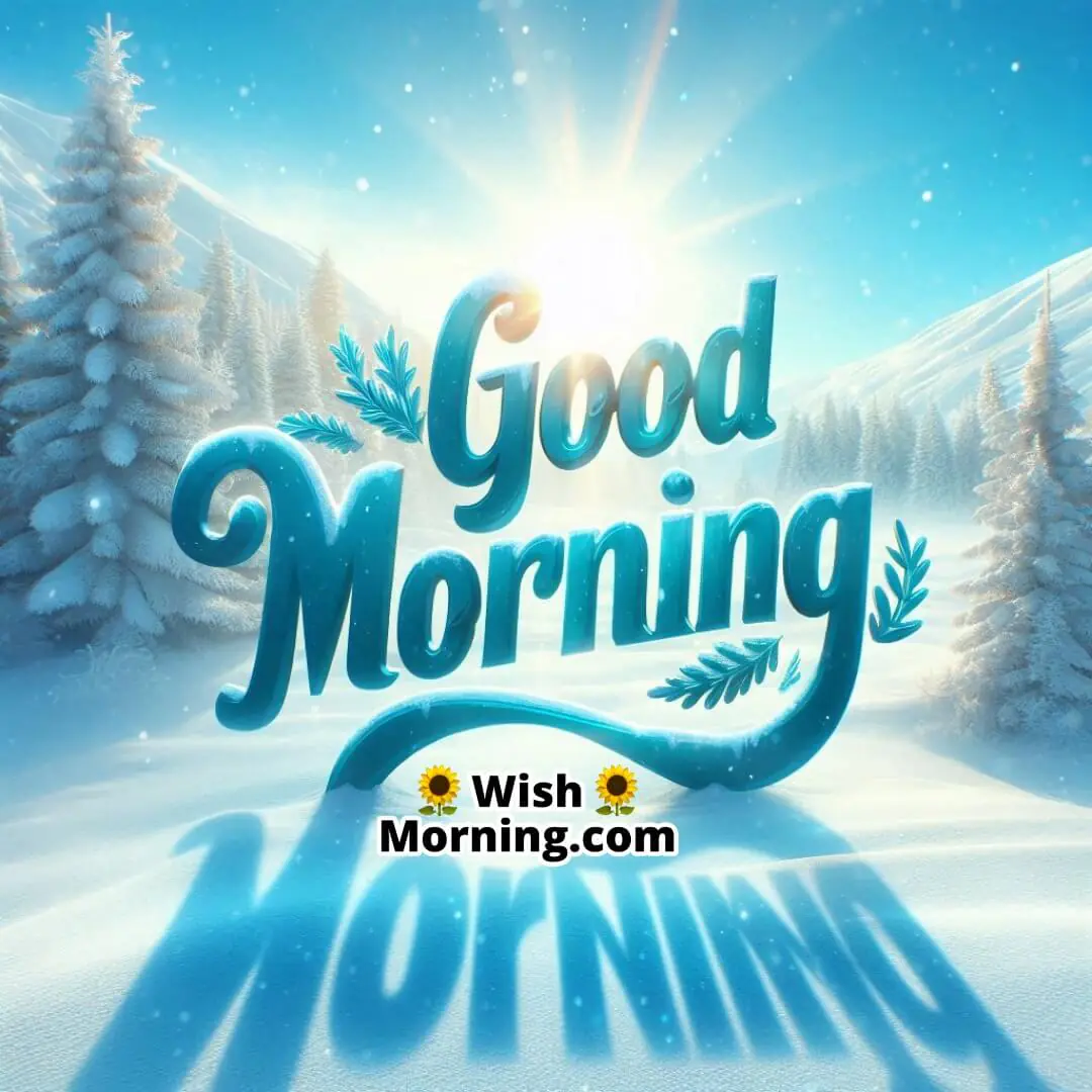 Snowy winter landscape with sunlight; bold icy blue Good Morning text enhances freshness.