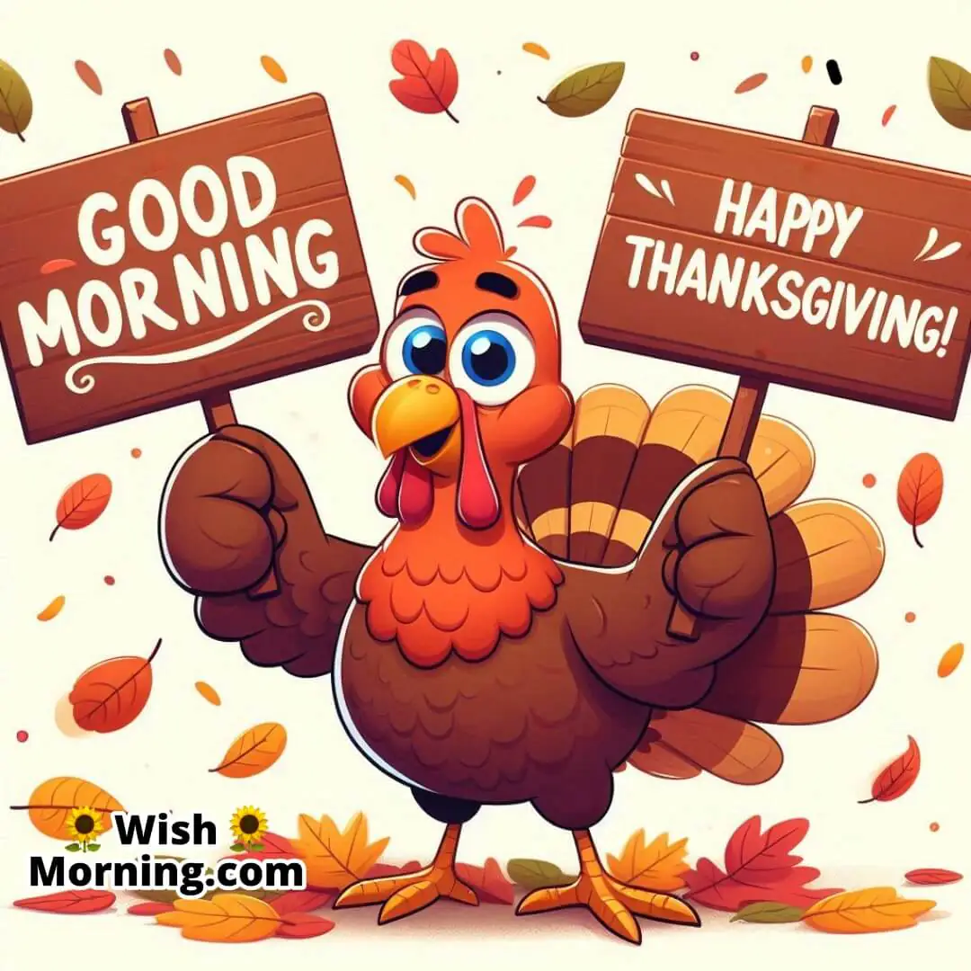 Cartoon turkey holding a sign with Good Morning Happy Thanksgiving.