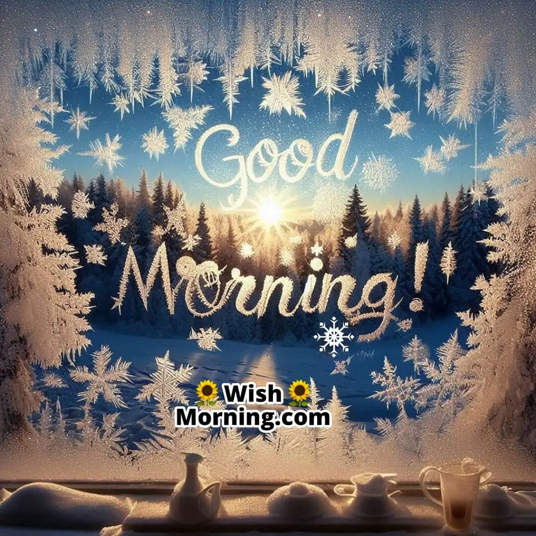 Frost patterns on a window sparkling in the morning sunlight with a snowy landscape outside, and Good Morning! written on the glass.