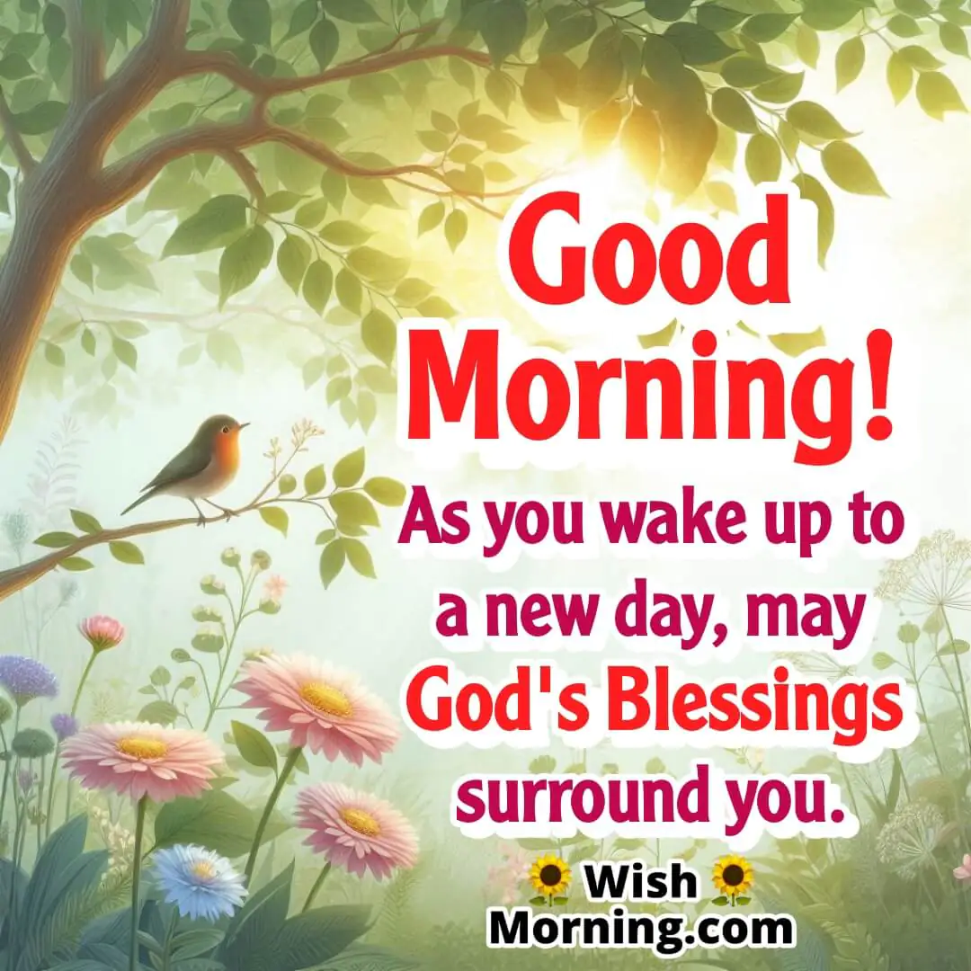 A peaceful garden scene with a single bird perched on a tree branch, and gentle sunlight filtering through the trees with space for Good Morning blessings text.