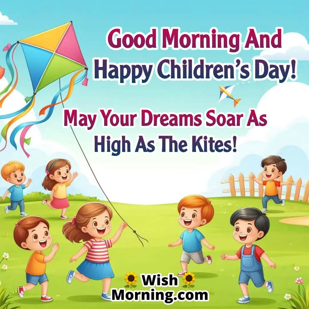 Colorful kites in the sky with children playing below, ideal for Good Morning Children’s Day wishes.