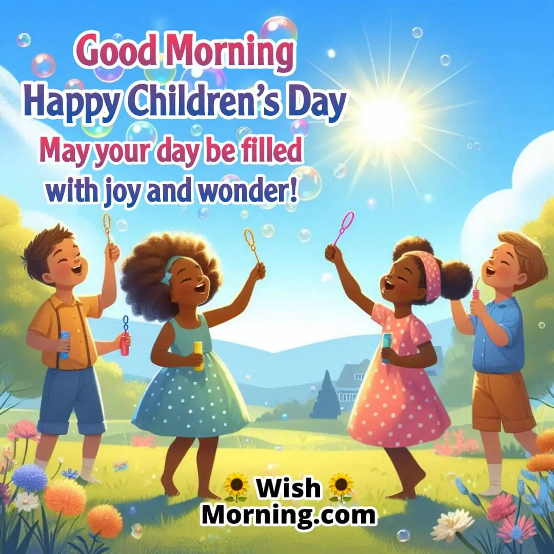Children blowing bubbles in the morning sun, ideal for Good Morning Children’s Day wishes.