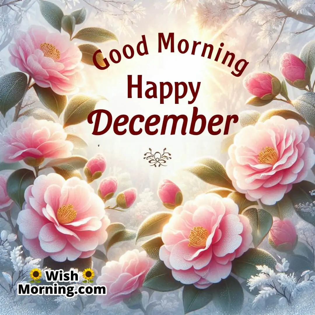 Pink and white camellias blooming in a frosty garden with sunlight filtering through, and Good Morning Happy December text.