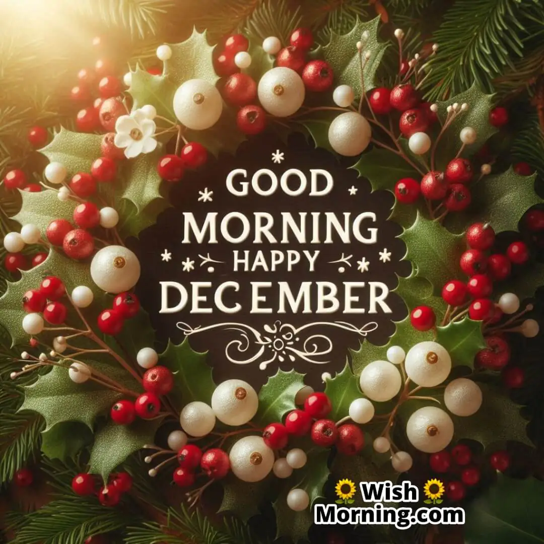 Festive arrangement of holly berries and white holly flowers with evergreen leaves, glowing in December morning light, and Good Morning Happy December text.