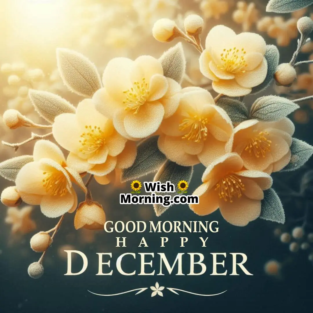 Yellow winter jasmine flowers blooming delicately with a frosty touch, glowing under the warm December sun, paired with the text Good Morning Happy December.