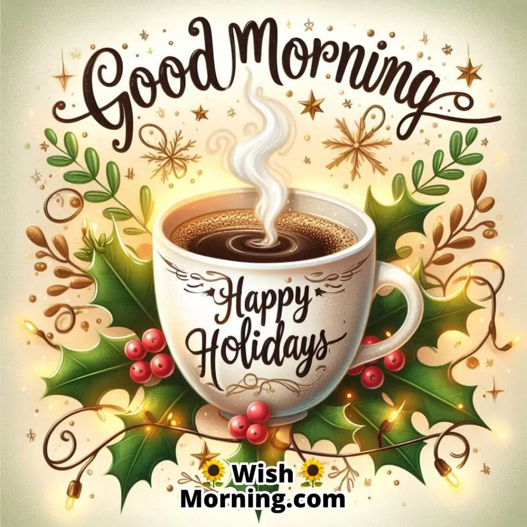 Steaming coffee cup with holiday lights and Good Morning Happy Holidays text