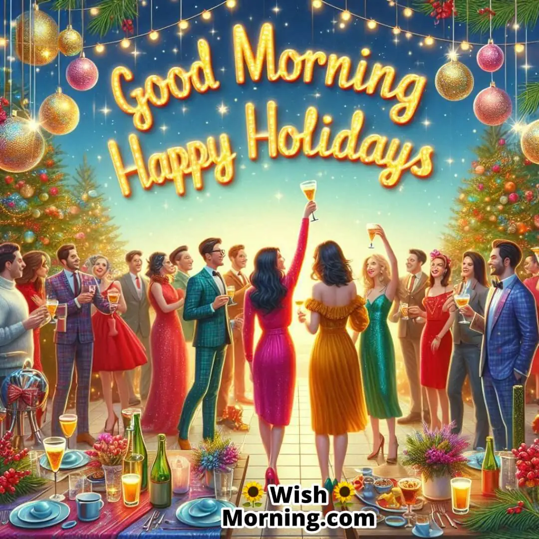 Holiday party with Good Morning Happy Holidays text.