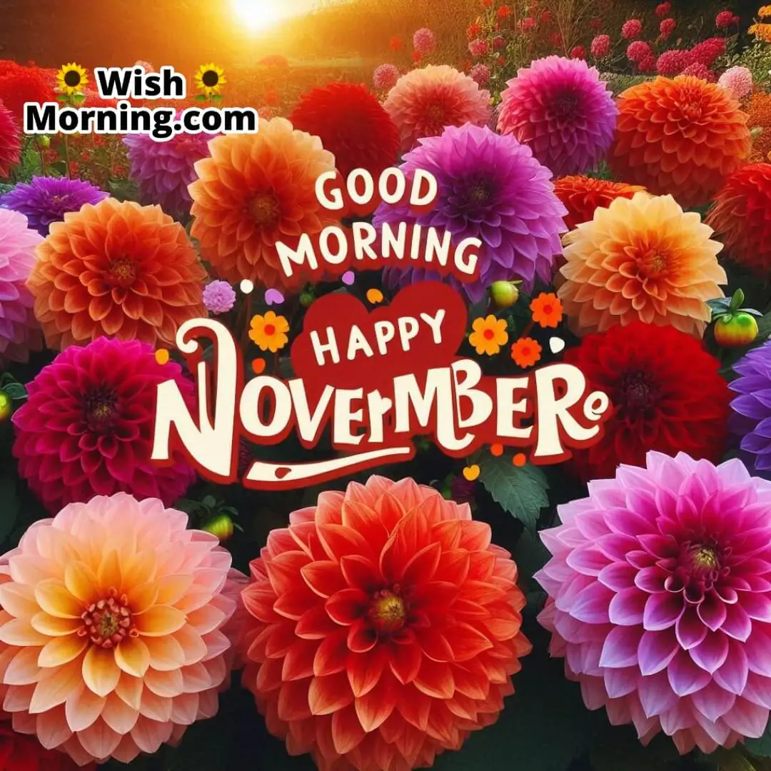 Bright dahlias in a garden with November sunlight, featuring space for a morning greeting.