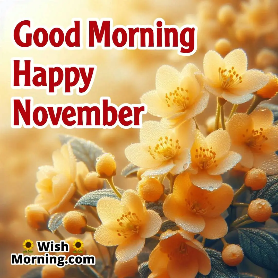 Winter jasmine flowers with morning dew in a November garden, creating a serene atmosphere for a good morning greeting.