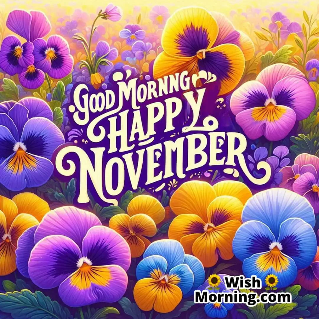 Good Morning Happy November Colorful pansies in full bloom in a November garden, ready for a bright good morning Happy November .