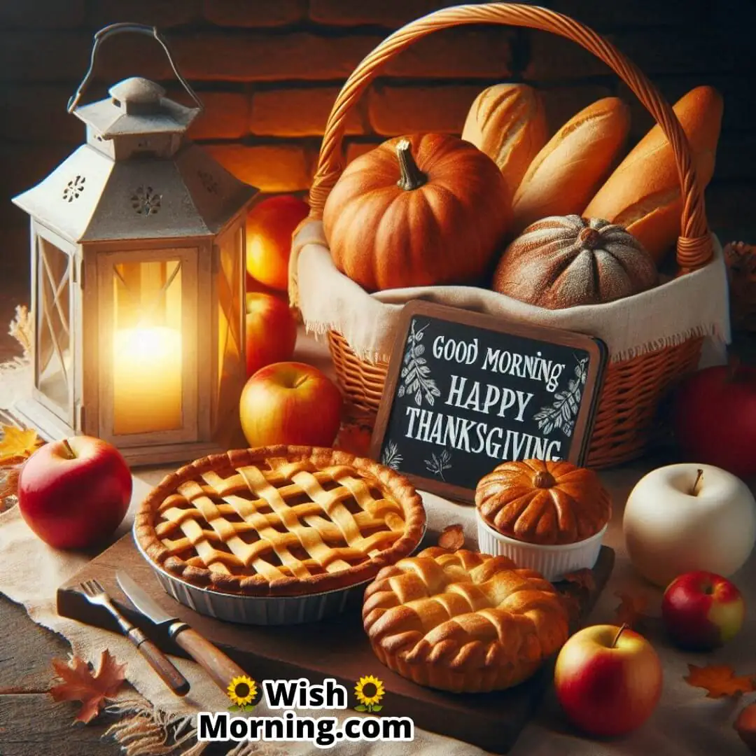 Thanksgiving breadbasket and lantern with Good Morning Happy Thanksgiving text.