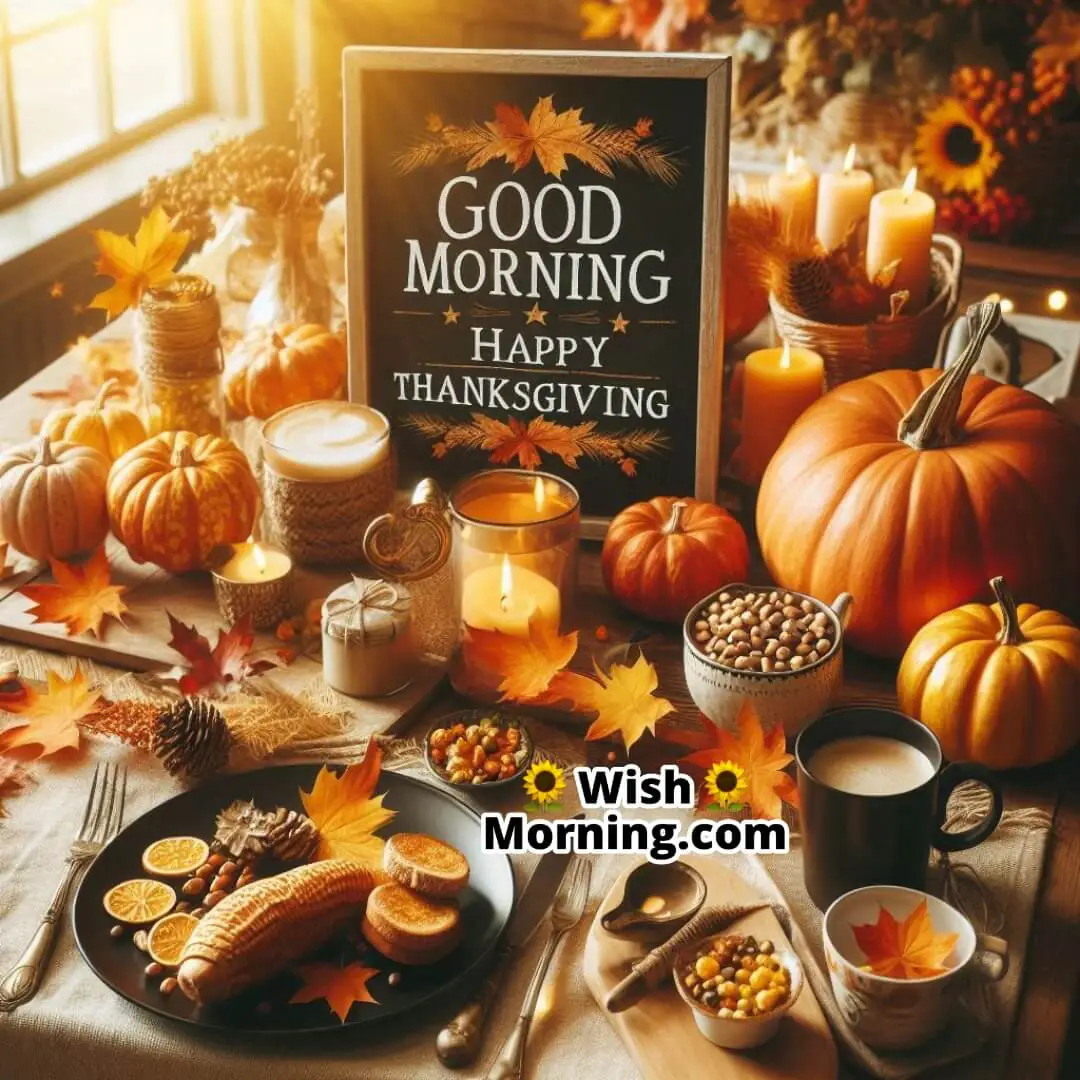 Thanksgiving breakfast table with pumpkins, autumn leaves, and text Good Morning Happy Thanksgiving