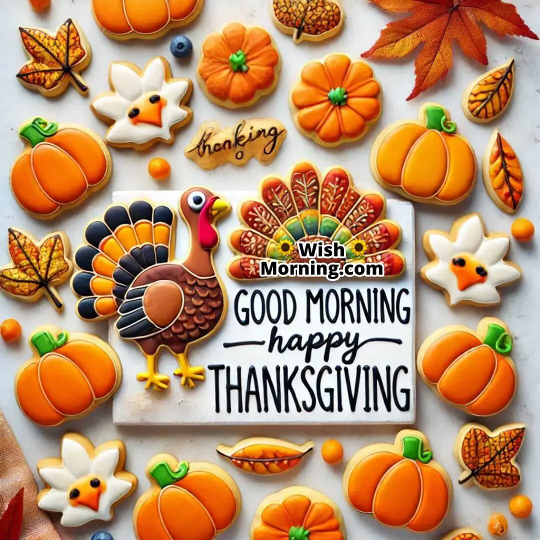 Thanksgiving-themed cookies with Good Morning Happy Thanksgiving text.