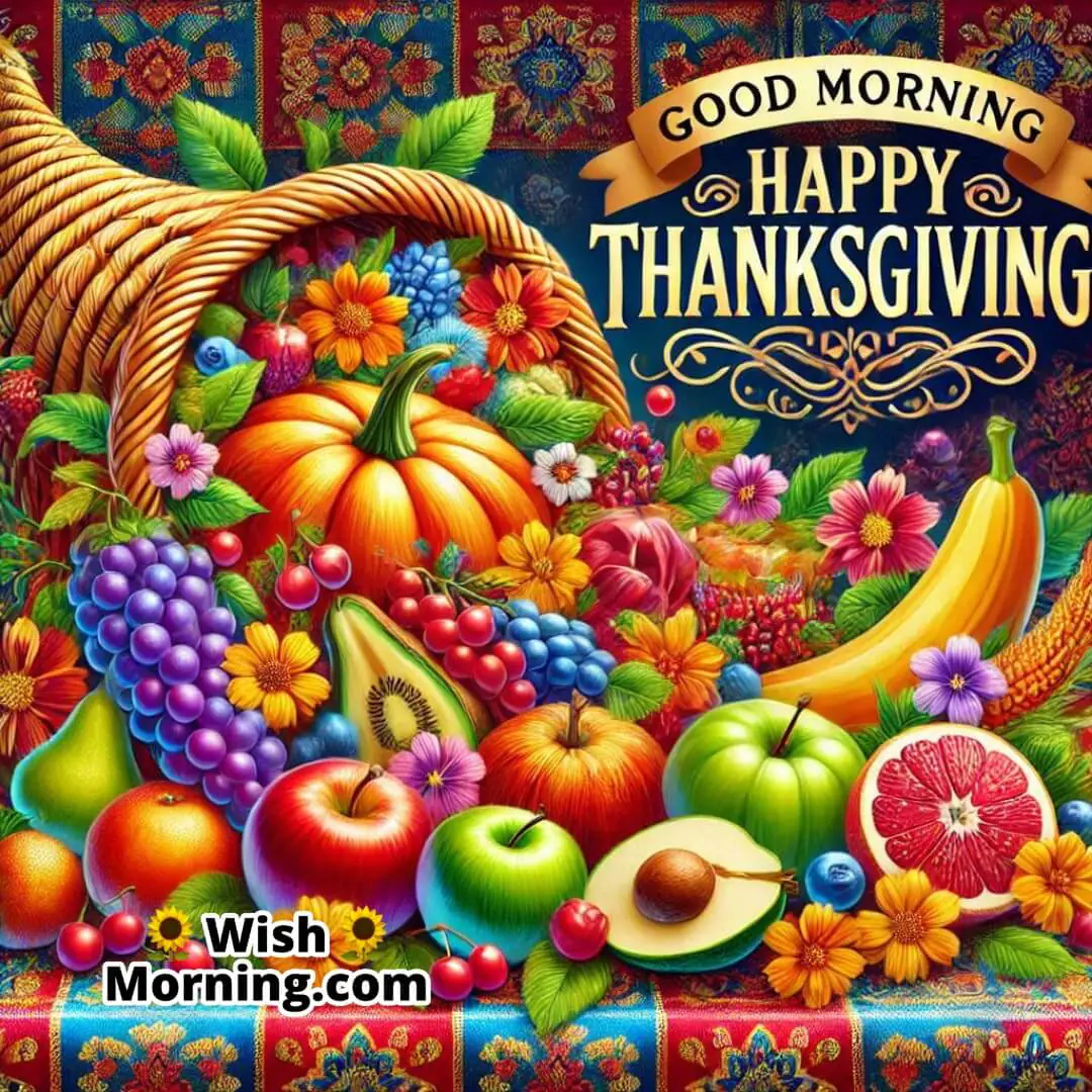 Cornucopia of fruits and vegetables with Good Morning Happy Thanksgiving text