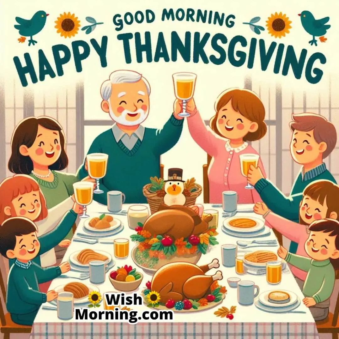 Family gathered for Thanksgiving dinner with Good Morning Happy Thanksgiving text.