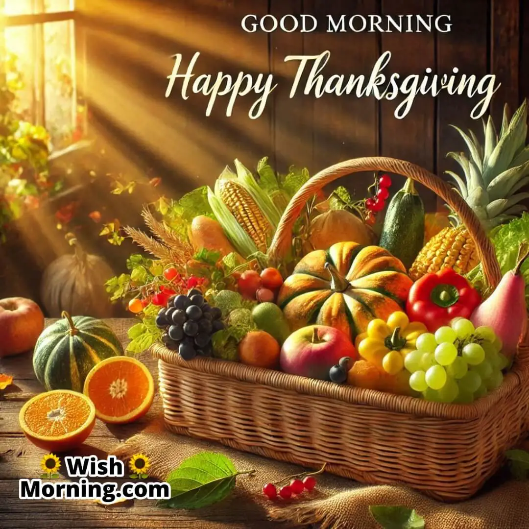 Harvest basket with fruits, vegetables, and text Good Morning Happy Thanksgiving
