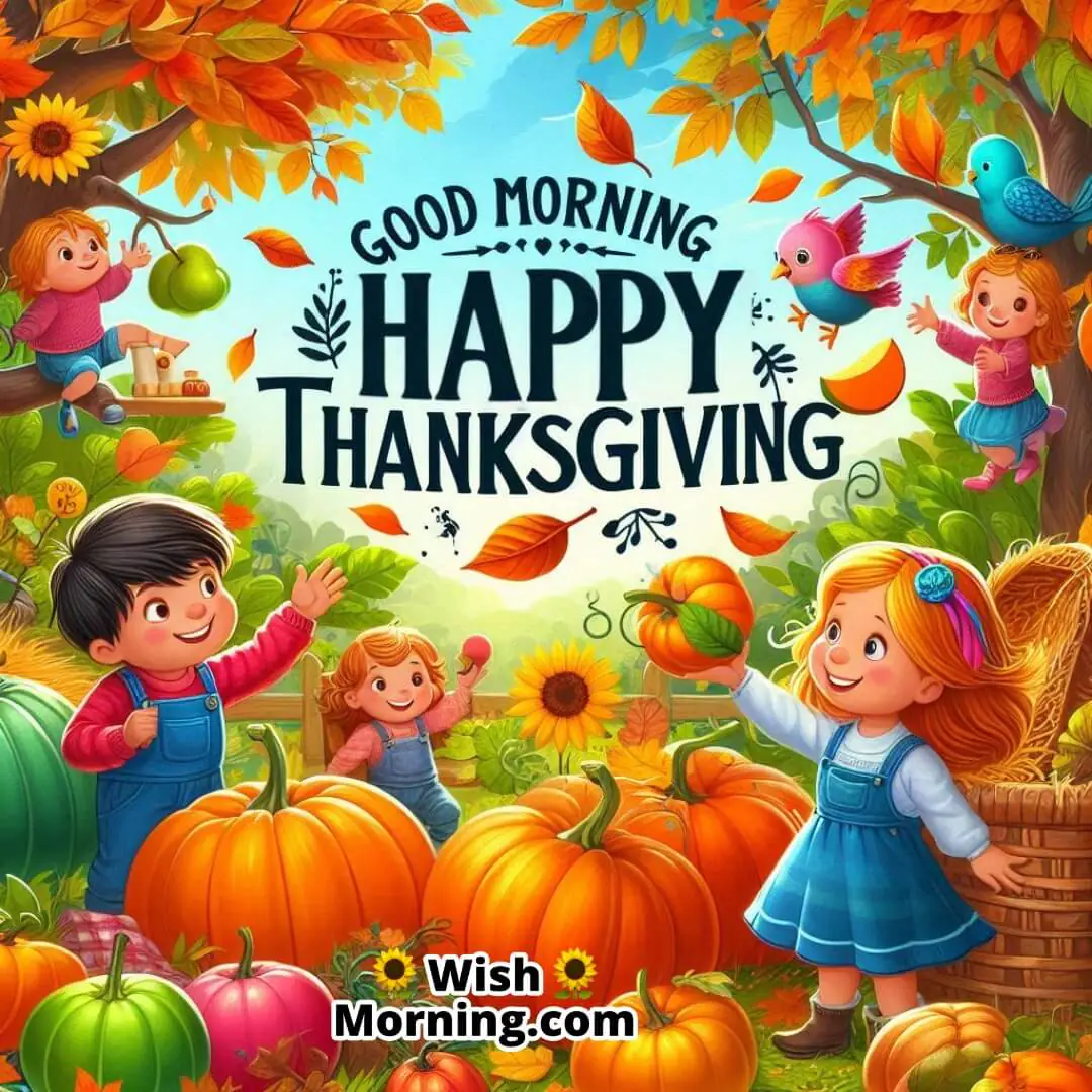 Kids playing in a garden with pumpkins and Good Morning Happy Thanksgiving text.