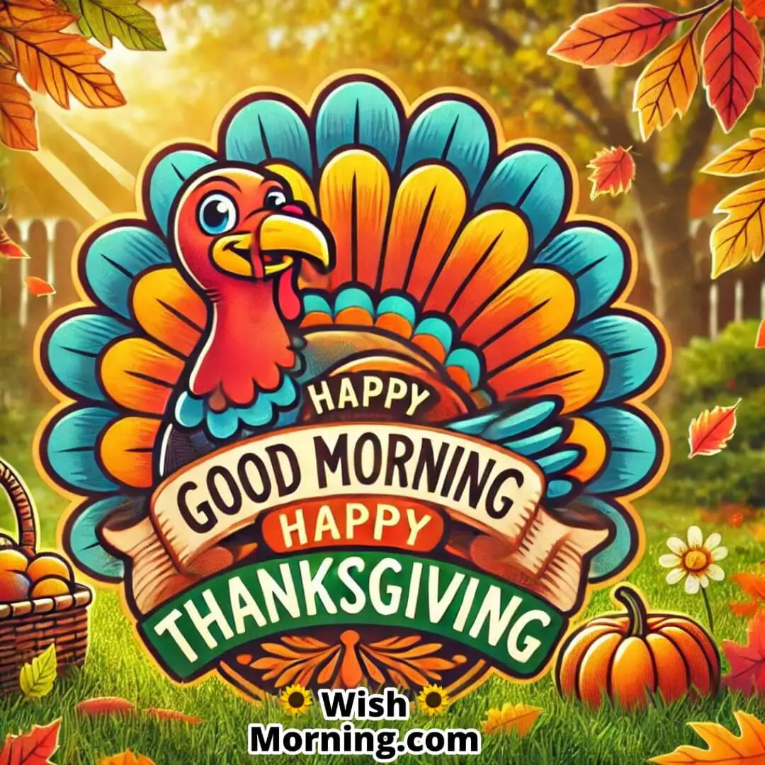 Illustrated turkey and fall leaves with Good Morning Happy Thanksgiving text