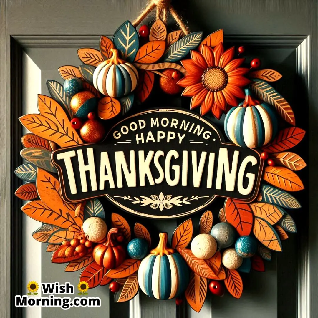 Thanksgiving wreath with Good Morning Happy Thanksgiving text.