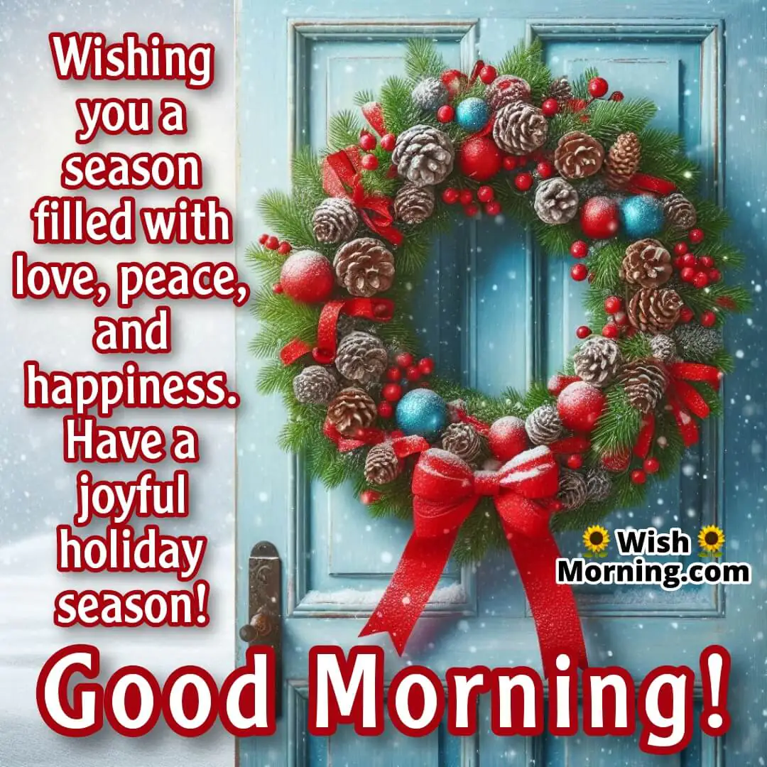 Bright holiday wreath with snow, leaving room for holiday wishes.