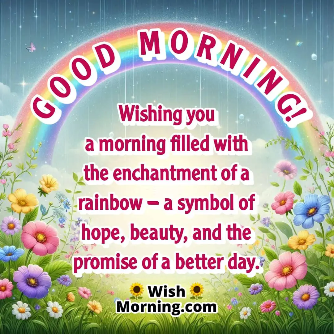 A colorful rainbow over a blooming meadow with dewdrops sparkling in sunlight.