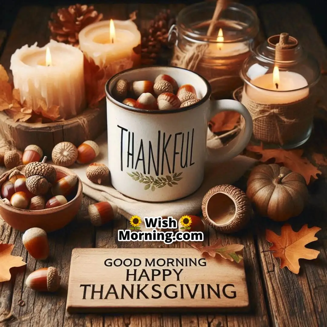Thankful mug with acorns and candles, featuring Good Morning Happy Thanksgiving text.