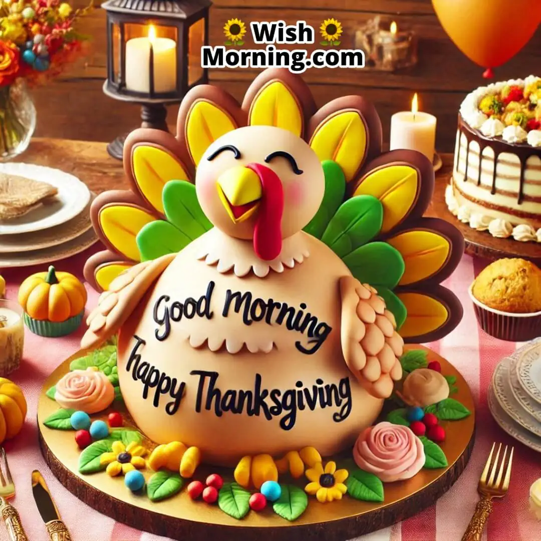Turkey-shaped cake on a decorated table with Good Morning Happy Thanksgiving text.