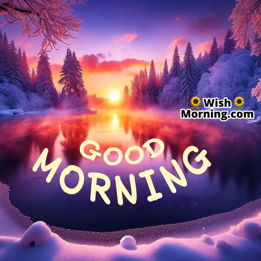 Sunrise reflecting on a frozen lake surrounded by snow-laden trees, with Good Morning! gently written across the waters surface.