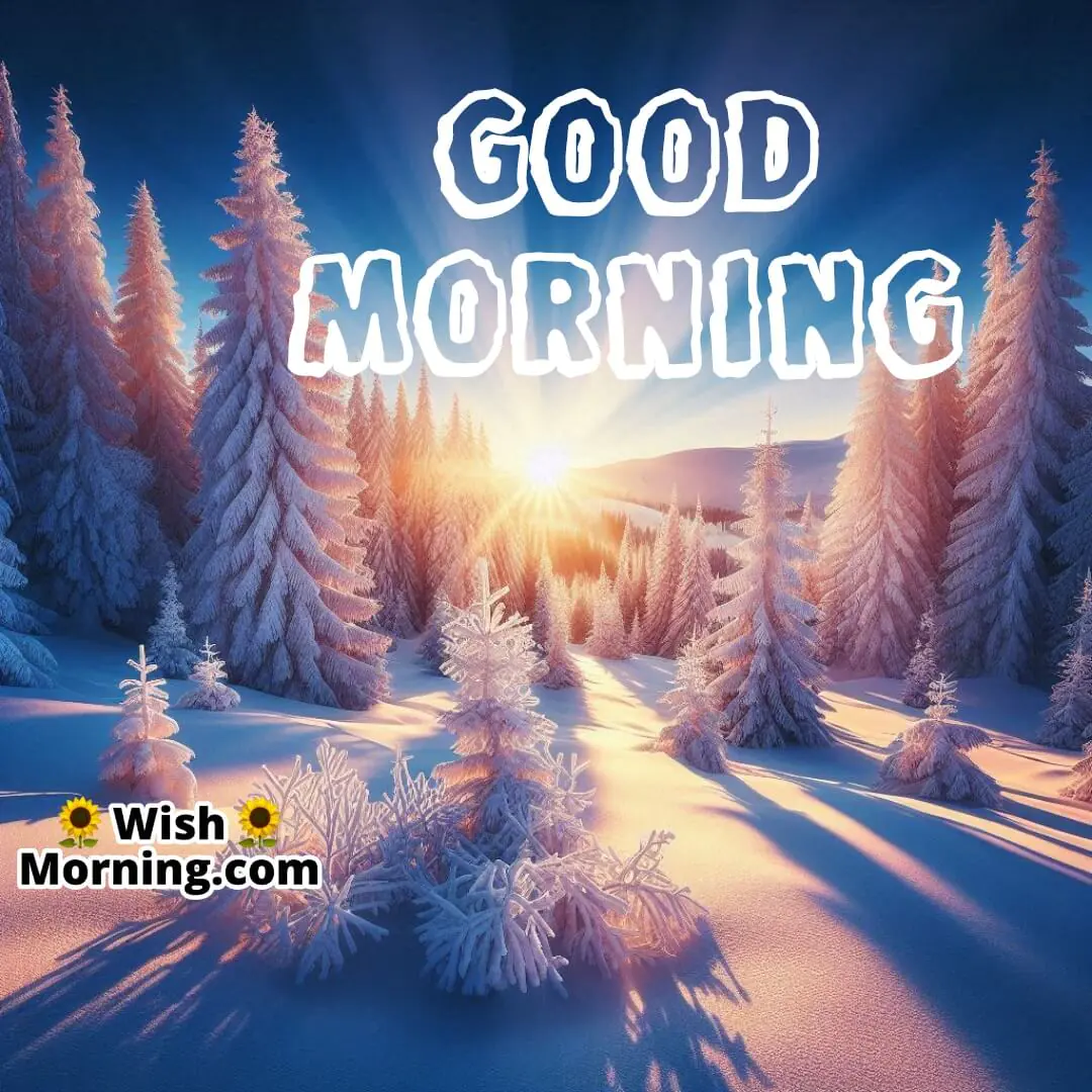 Frosted trees and a blanket of snow illuminated by dawn, with Good Morning! shining in the clear blue sky above.