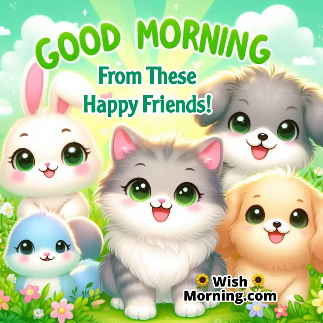 Fluffy bunny, playful kitten, and smiling puppy gathered in a green meadow under the sunrise, with “Good Morning” written above.