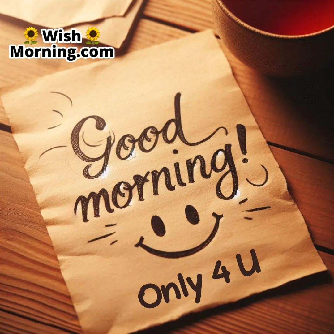 Close-up of a handwritten “Good Morning!” note with a smiley face doodle on a wooden table, with a cup of tea nearby, adding coziness.