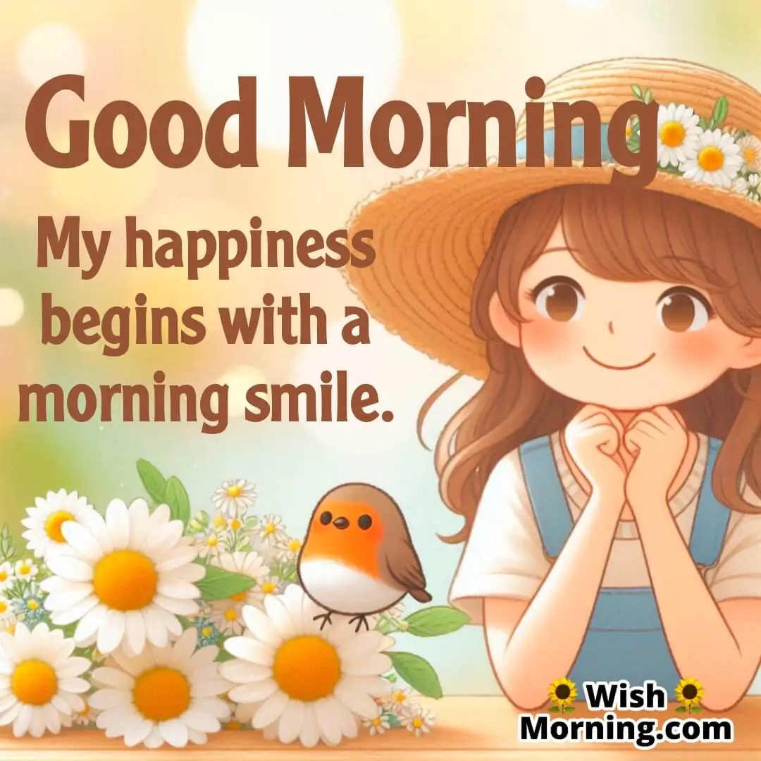 Smiling person surrounded by daisies with a cheerful robin perched nearby, set in a warm, welcoming scene with blurred background.