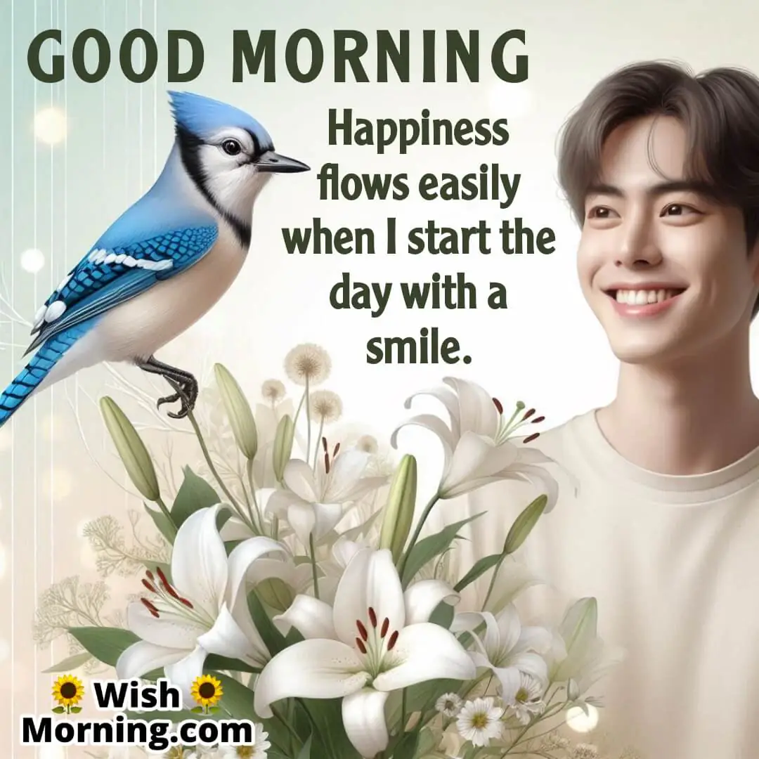 Smiling person surrounded by lilies with a blue jay perched nearby, creating a peaceful atmosphere with a gently blurred background.