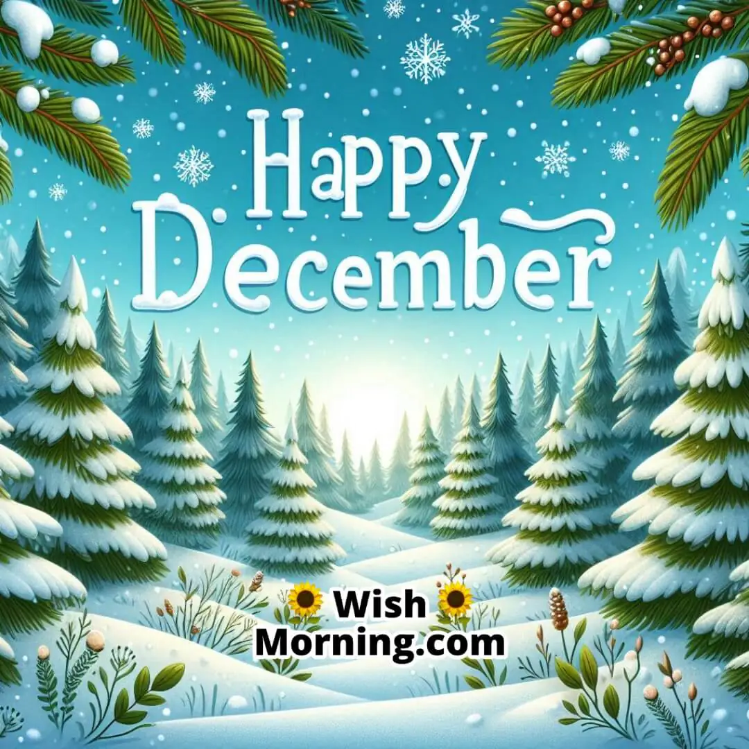 An evergreen forest draped in snow, with tall trees standing against a clear blue sky, highlighted by the text Happy December in a calm and soothing style.